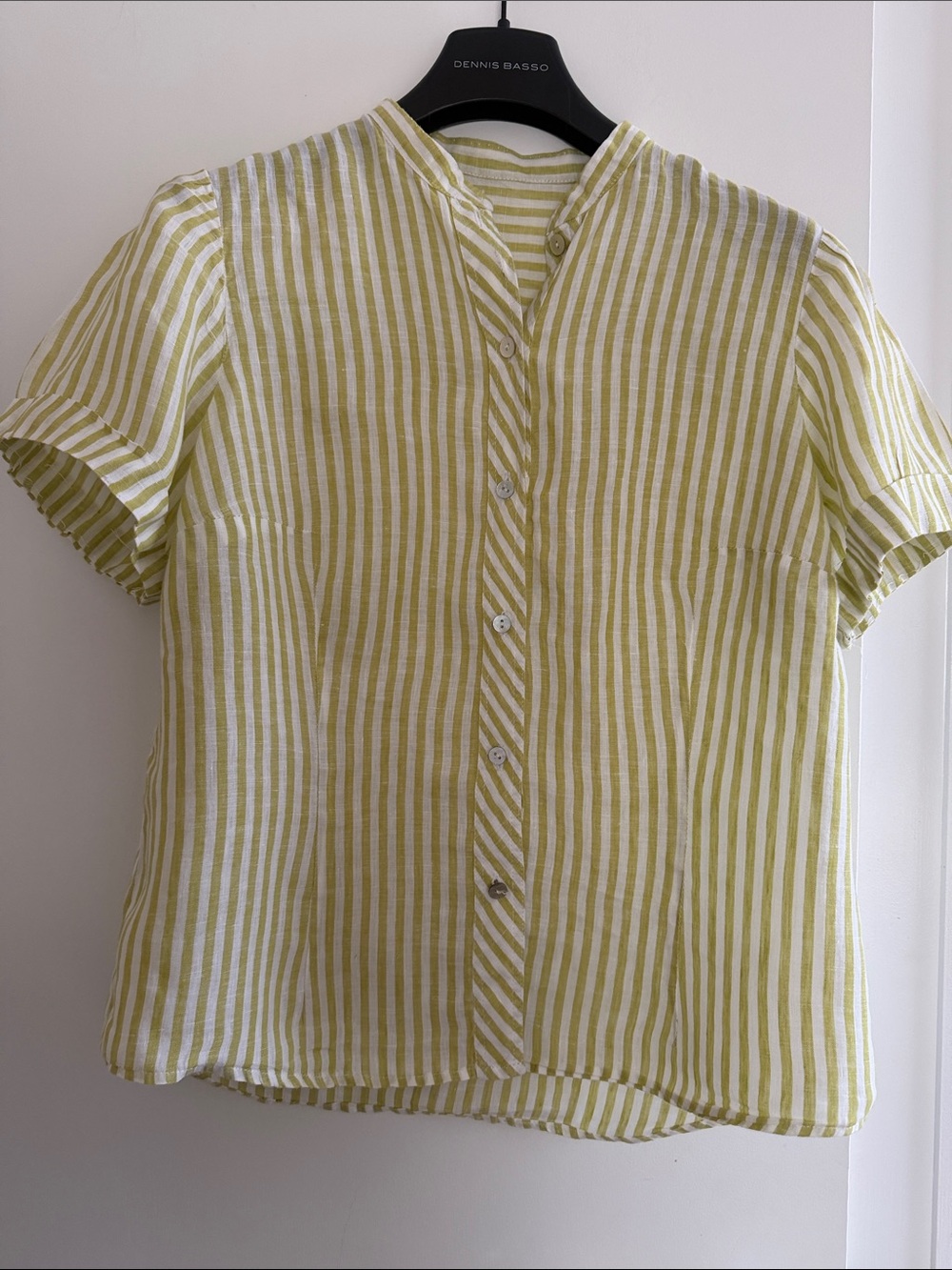 Linen-Blend Short Sleeve Button Front Top in Yellow Stripe hand made size 10